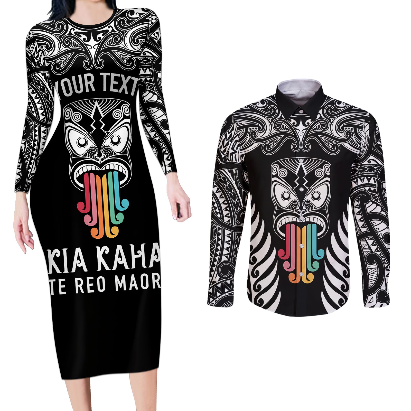 personalised-kia-kaha-te-reo-maori-couples-matching-long-sleeve-bodycon-dress-and-long-sleeve-button-shirts-hei-tiki-mix-koru-black