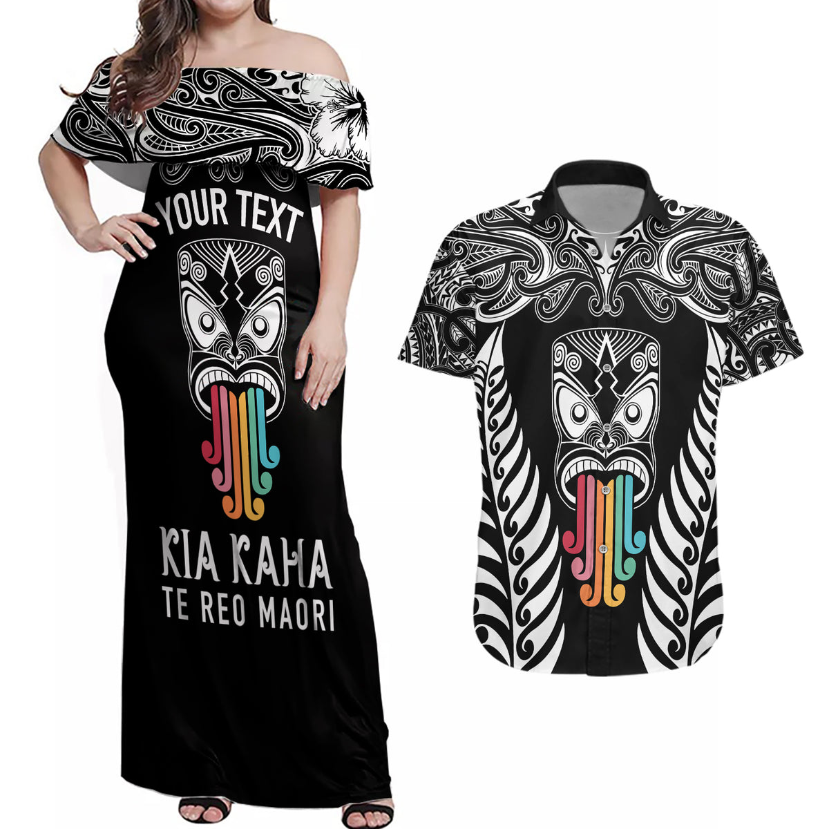 personalised-kia-kaha-te-reo-maori-couples-matching-off-shoulder-maxi-dress-and-hawaiian-shirt-hei-tiki-mix-koru-black