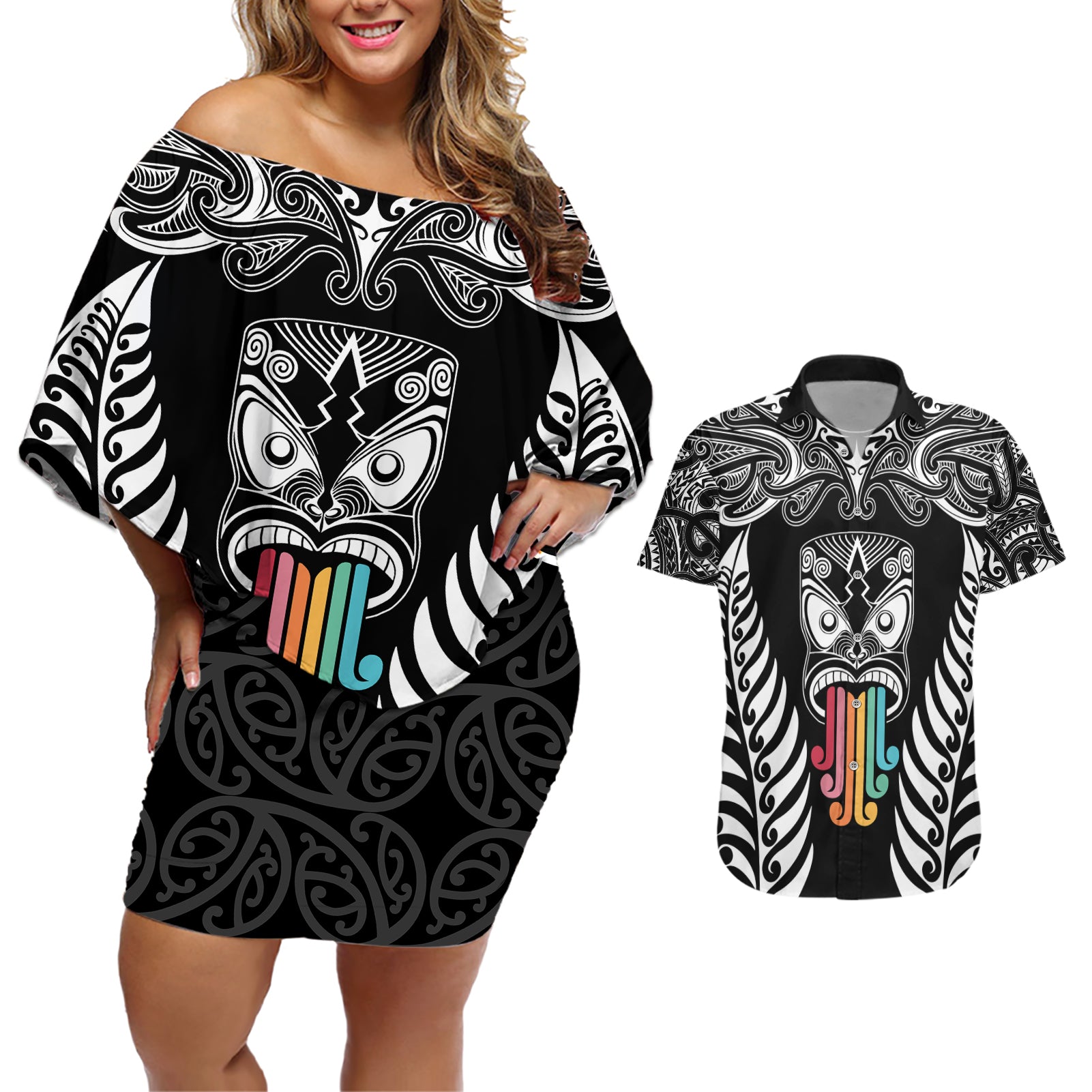 personalised-kia-kaha-te-reo-maori-couples-matching-off-shoulder-short-dress-and-hawaiian-shirt-hei-tiki-mix-koru-black