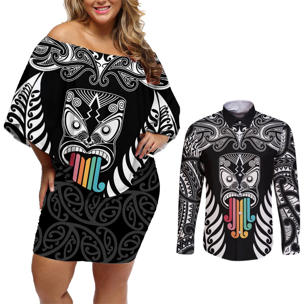 personalised-kia-kaha-te-reo-maori-couples-matching-off-shoulder-short-dress-and-long-sleeve-button-shirts-hei-tiki-mix-koru-black