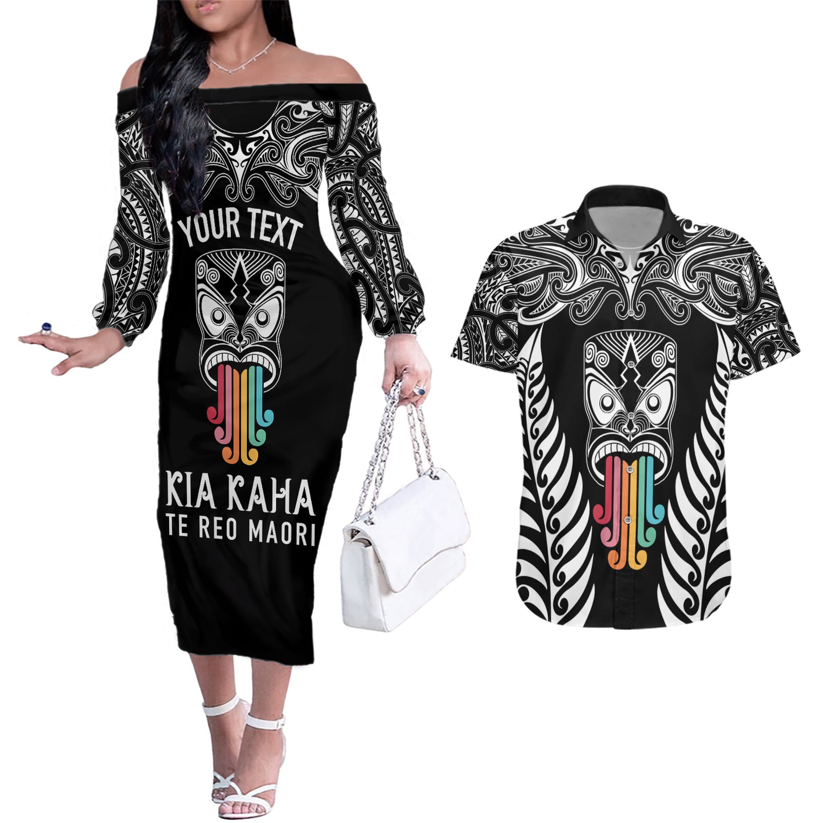 personalised-kia-kaha-te-reo-maori-couples-matching-off-the-shoulder-long-sleeve-dress-and-hawaiian-shirt-hei-tiki-mix-koru-black