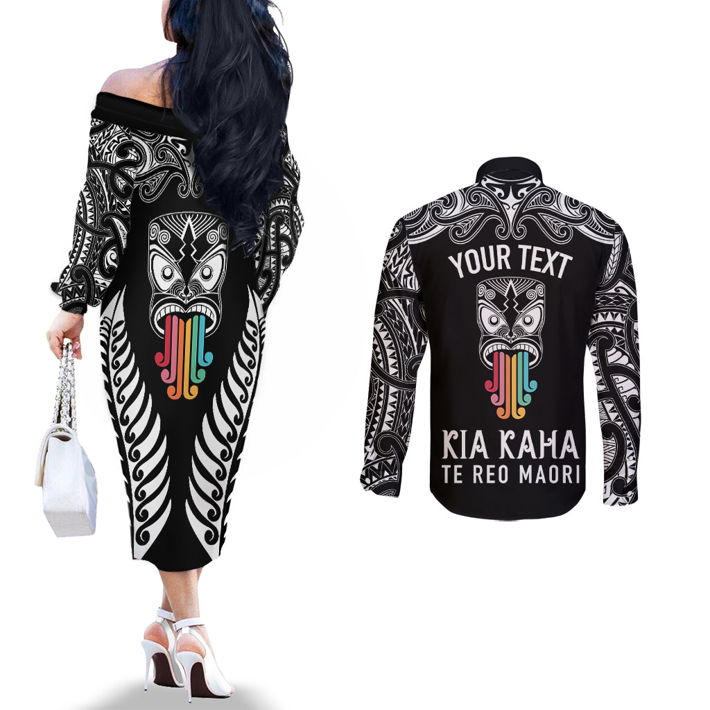 personalised-kia-kaha-te-reo-maori-couples-matching-off-the-shoulder-long-sleeve-dress-and-long-sleeve-button-shirts-hei-tiki-mix-koru-black