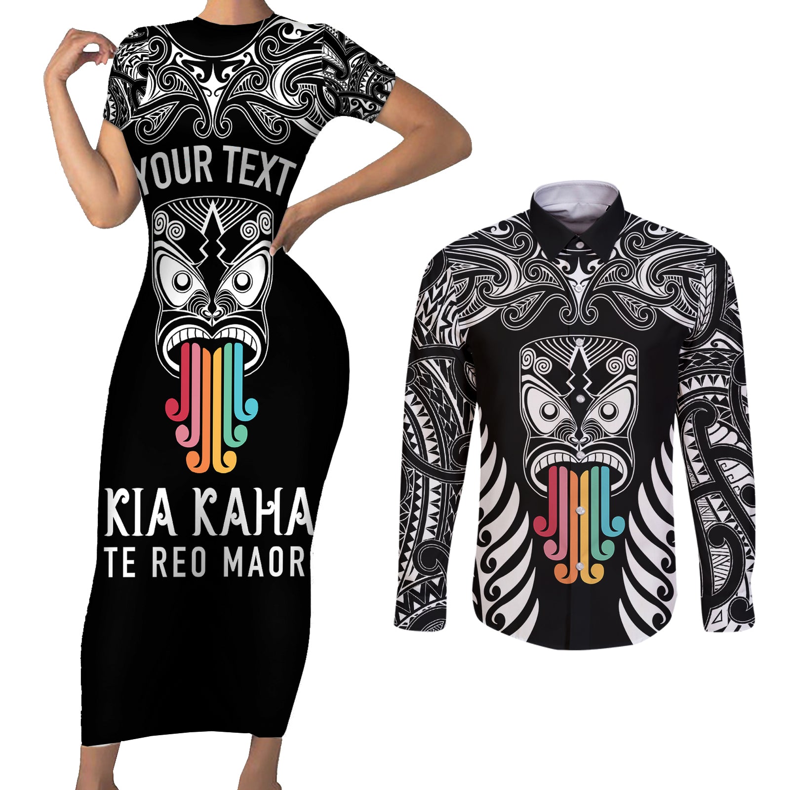 personalised-kia-kaha-te-reo-maori-couples-matching-short-sleeve-bodycon-dress-and-long-sleeve-button-shirts-hei-tiki-mix-koru-black