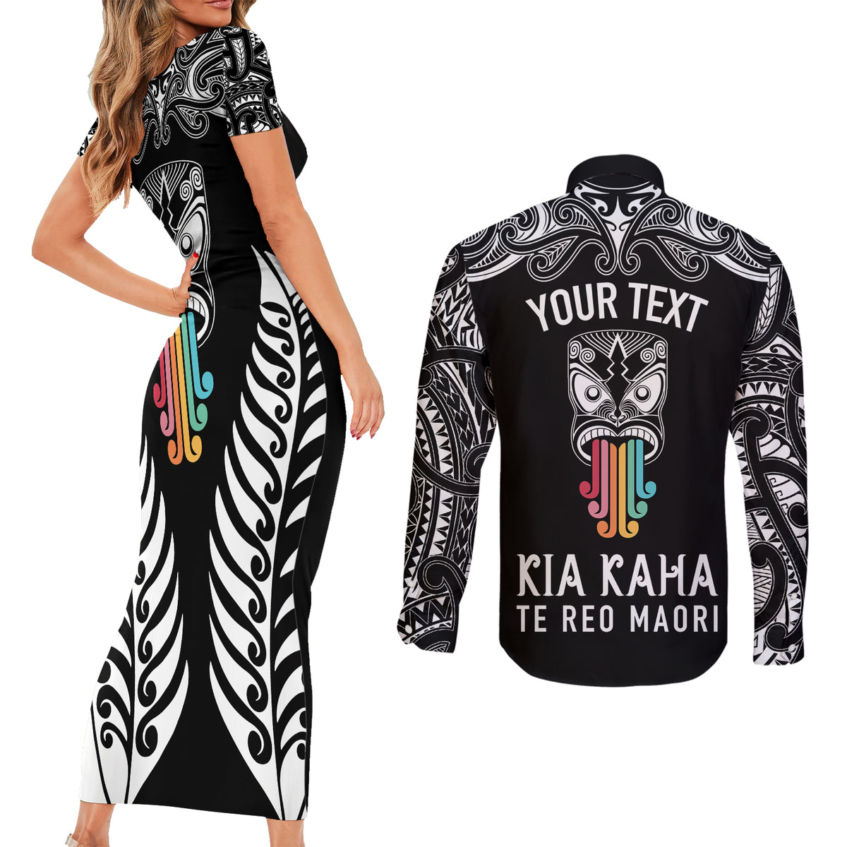personalised-kia-kaha-te-reo-maori-couples-matching-short-sleeve-bodycon-dress-and-long-sleeve-button-shirts-hei-tiki-mix-koru-black