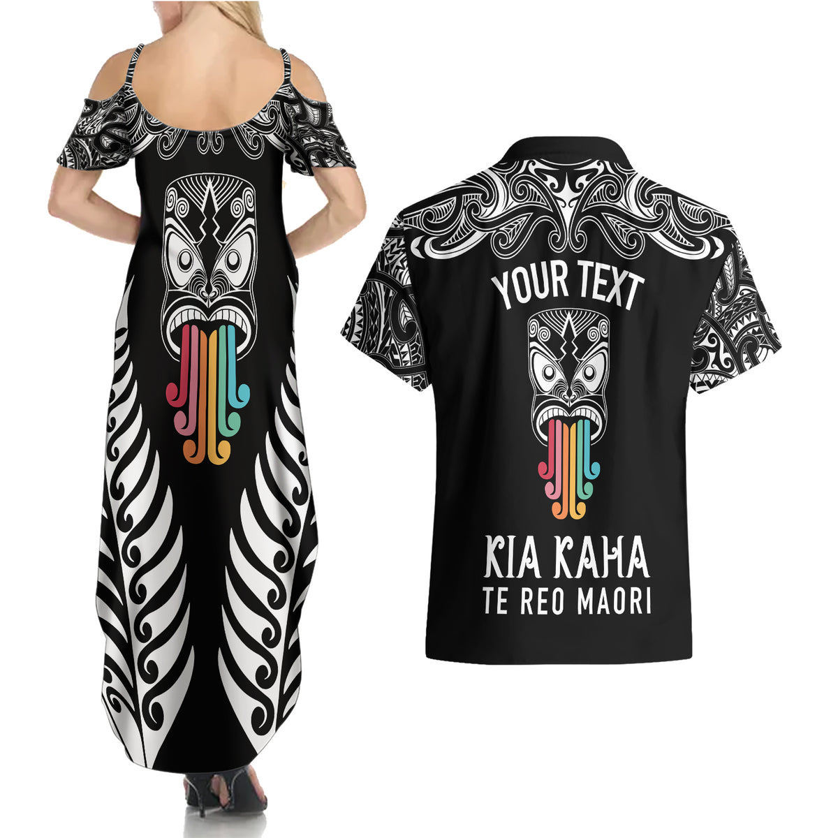personalised-kia-kaha-te-reo-maori-couples-matching-summer-maxi-dress-and-hawaiian-shirt-hei-tiki-mix-koru-black