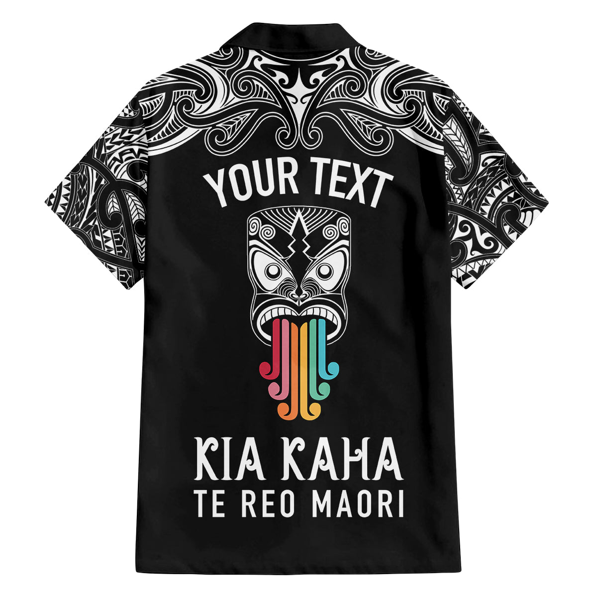 personalised-kia-kaha-te-reo-maori-family-matching-off-shoulder-short-dress-and-hawaiian-shirt-hei-tiki-mix-koru-black