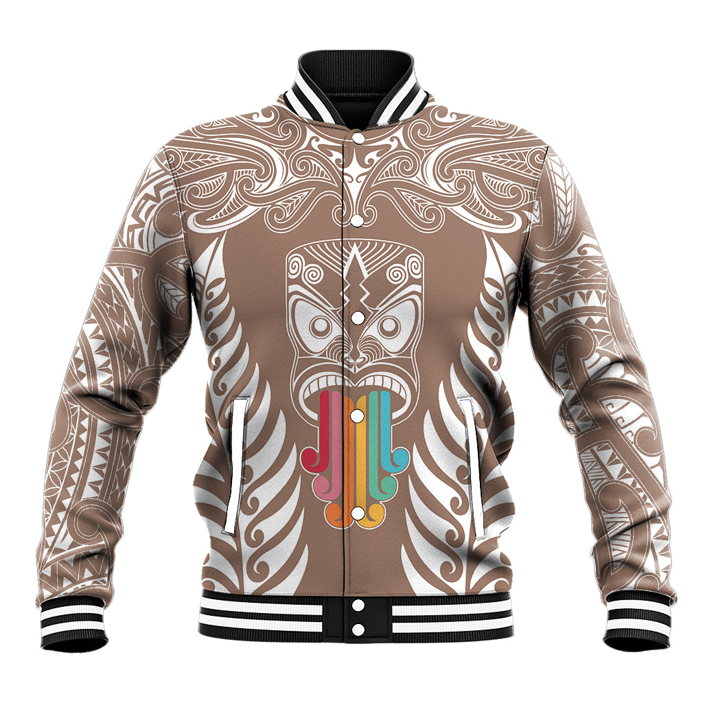 Personalised Kia Kaha Te Reo Maori Baseball Jacket Hei Tiki Mix Koru - Brown LT7 Unisex Brown - Polynesian Pride