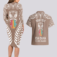 personalised-kia-kaha-te-reo-maori-couples-matching-long-sleeve-bodycon-dress-and-hawaiian-shirt-hei-tiki-mix-koru-brown