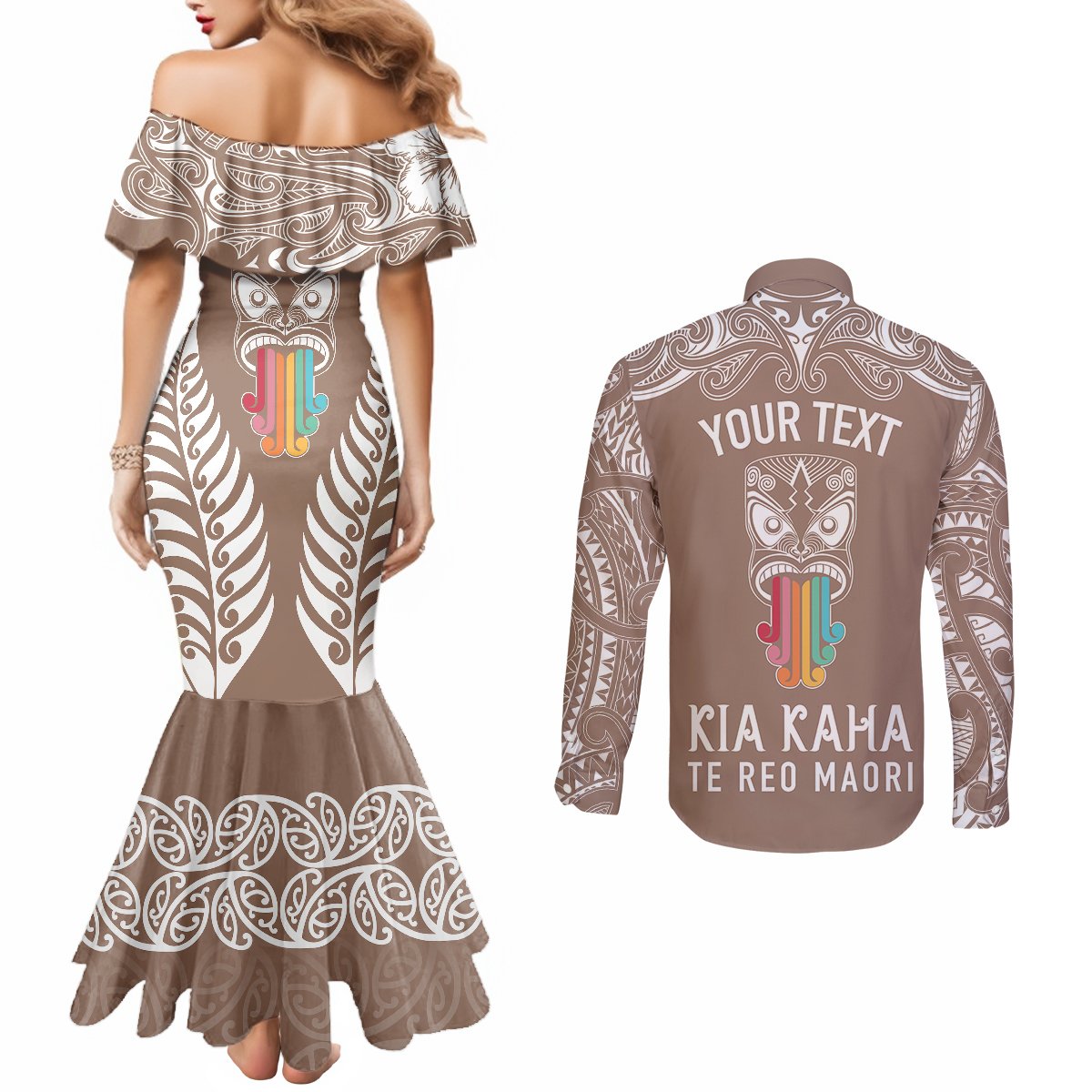 personalised-kia-kaha-te-reo-maori-couples-matching-mermaid-dress-and-long-sleeve-button-shirts-hei-tiki-mix-koru-brown