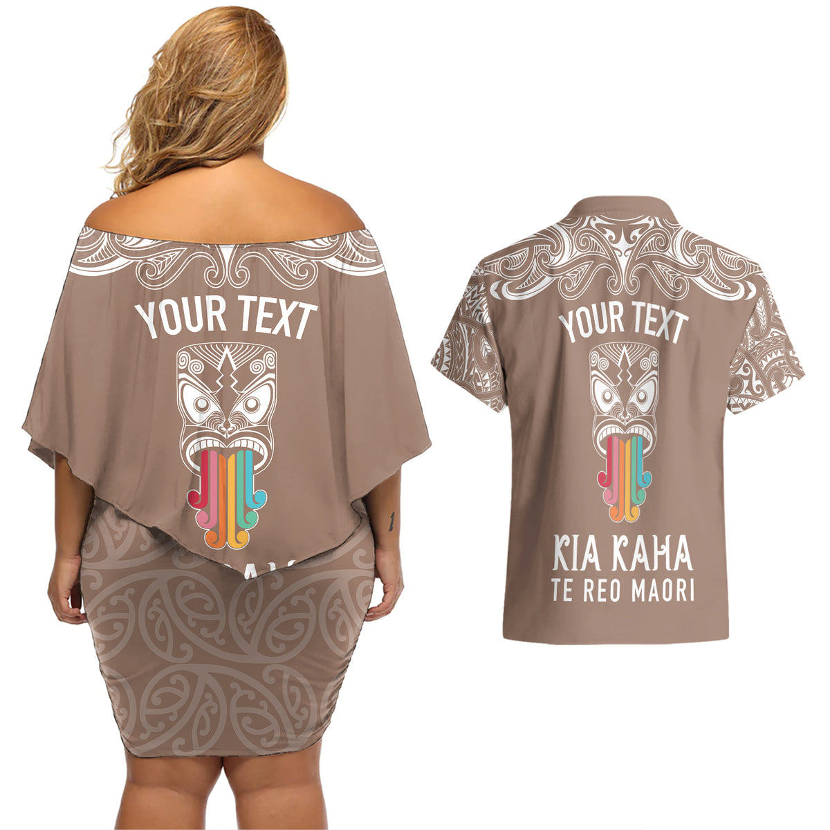 personalised-kia-kaha-te-reo-maori-couples-matching-off-shoulder-short-dress-and-hawaiian-shirt-hei-tiki-mix-koru-brown