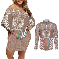 personalised-kia-kaha-te-reo-maori-couples-matching-off-shoulder-short-dress-and-long-sleeve-button-shirts-hei-tiki-mix-koru-brown