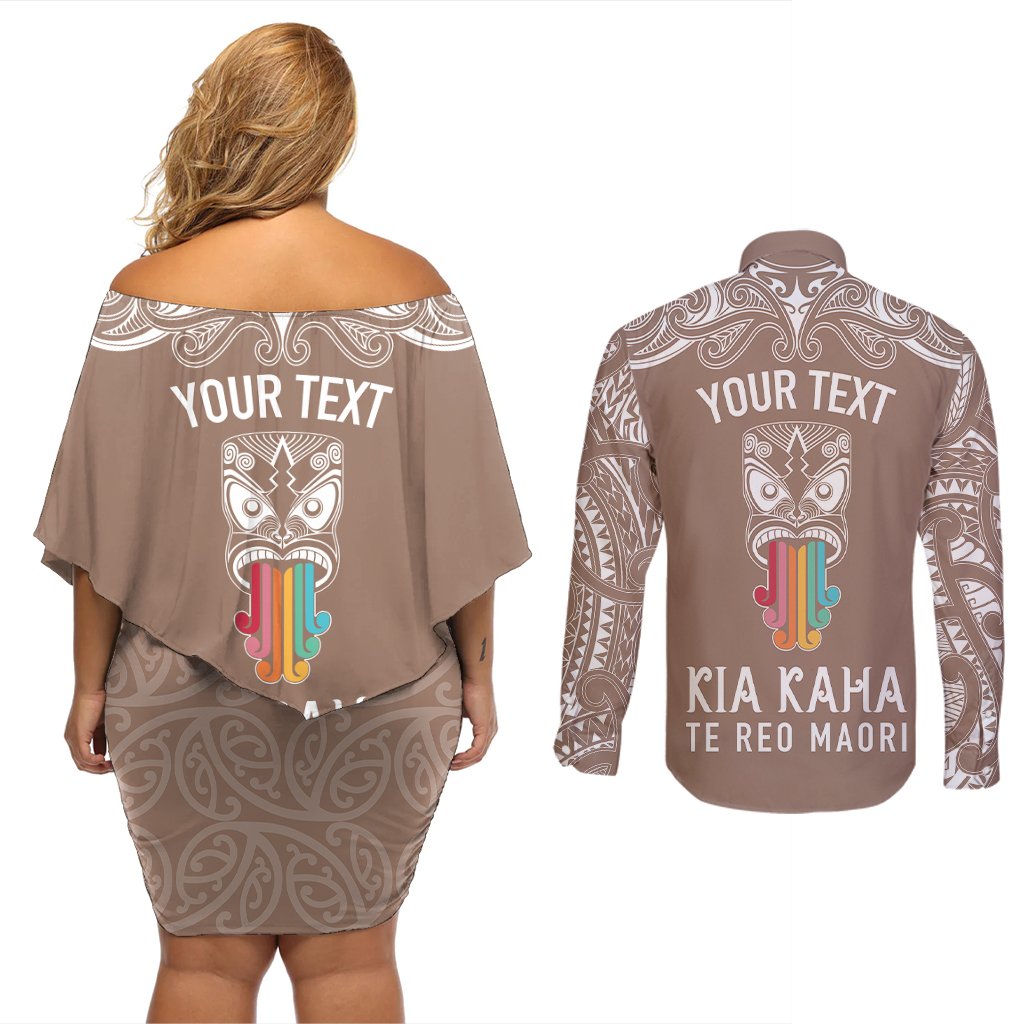 personalised-kia-kaha-te-reo-maori-couples-matching-off-shoulder-short-dress-and-long-sleeve-button-shirts-hei-tiki-mix-koru-brown