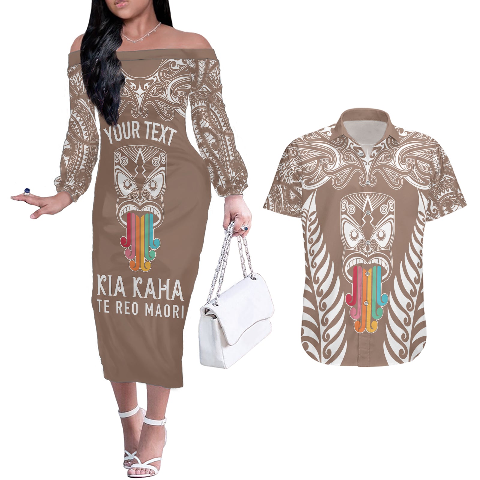 personalised-kia-kaha-te-reo-maori-couples-matching-off-the-shoulder-long-sleeve-dress-and-hawaiian-shirt-hei-tiki-mix-koru-brown