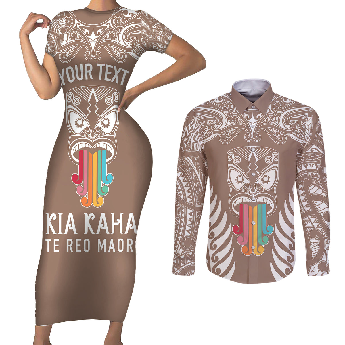 Personalised Kia Kaha Te Reo Maori Couples Matching Short Sleeve Bodycon Dress and Long Sleeve Button Shirts Hei Tiki Mix Koru - Brown LT7 Brown - Polynesian Pride