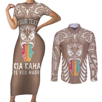 Personalised Kia Kaha Te Reo Maori Couples Matching Short Sleeve Bodycon Dress and Long Sleeve Button Shirts Hei Tiki Mix Koru - Brown LT7 Brown - Polynesian Pride