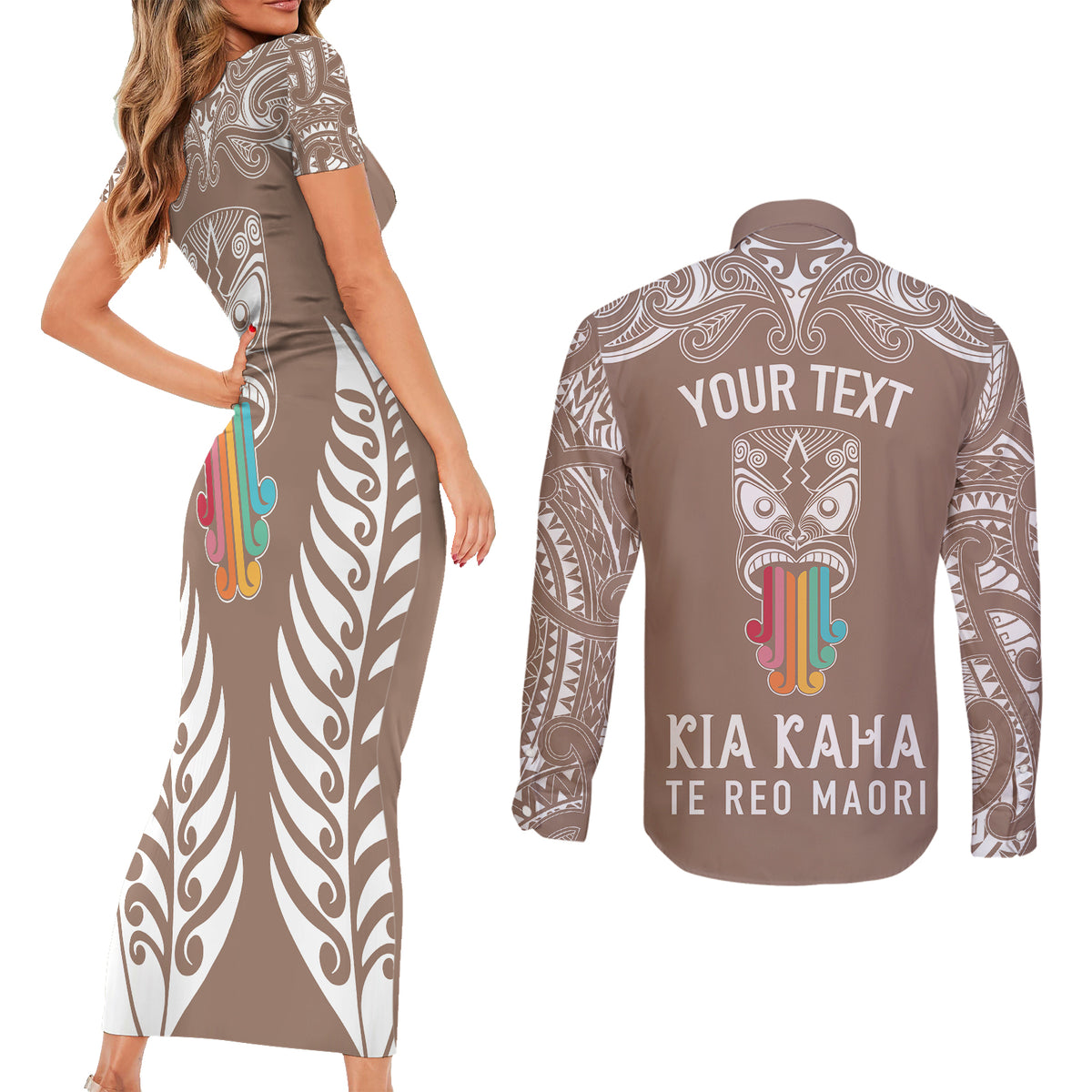 Personalised Kia Kaha Te Reo Maori Couples Matching Short Sleeve Bodycon Dress and Long Sleeve Button Shirts Hei Tiki Mix Koru - Brown LT7 - Polynesian Pride