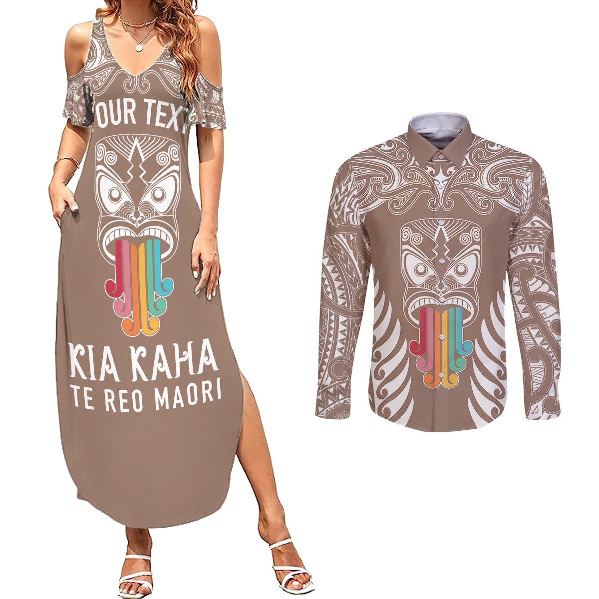 personalised-kia-kaha-te-reo-maori-couples-matching-summer-maxi-dress-and-long-sleeve-button-shirts-hei-tiki-mix-koru-brown