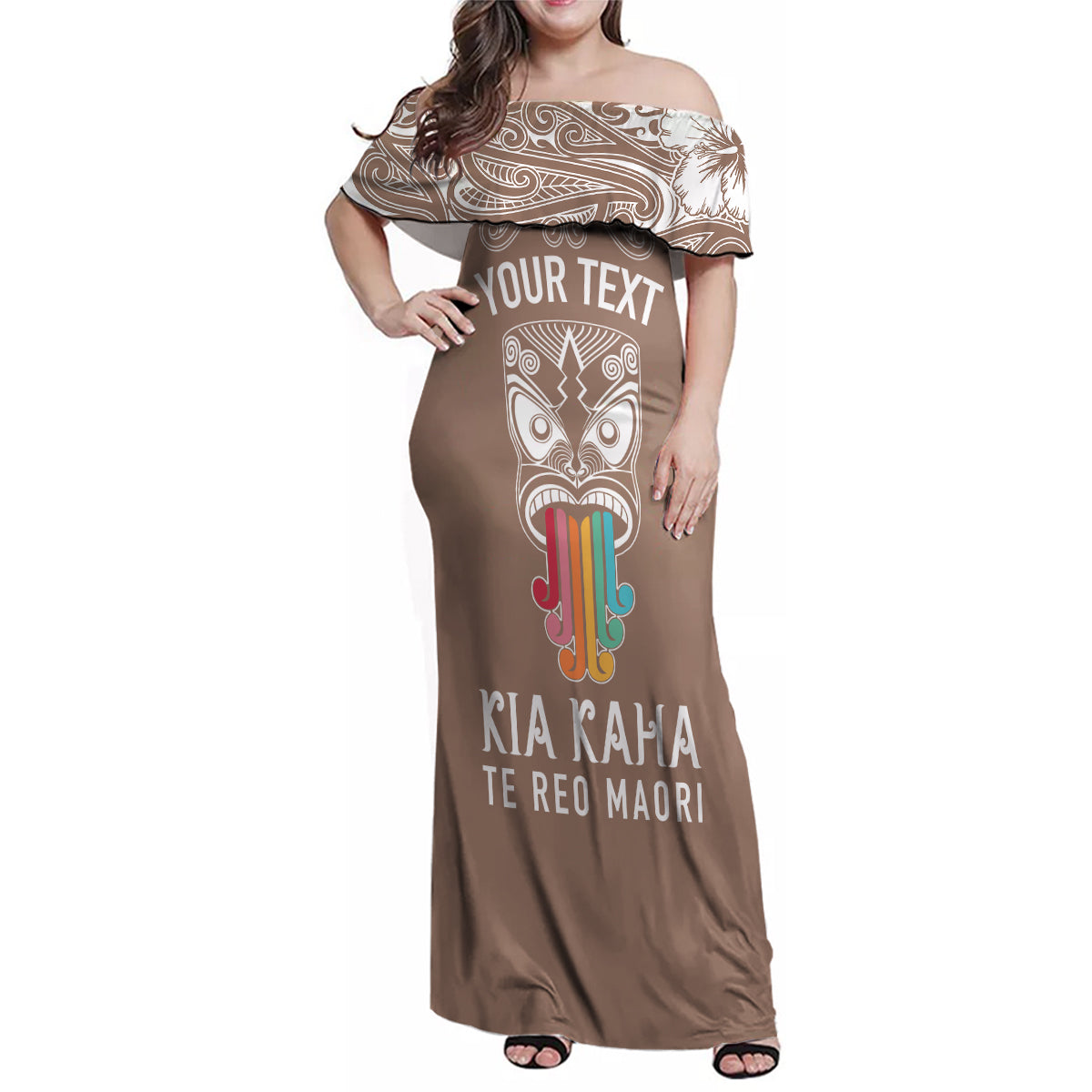 personalised-kia-kaha-te-reo-maori-family-matching-off-shoulder-maxi-dress-and-hawaiian-shirt-hei-tiki-mix-koru-brown