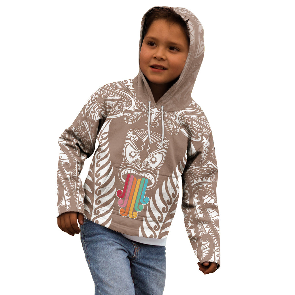Personalised Kia Kaha Te Reo Maori Kid Hoodie Hei Tiki Mix Koru - Brown LT7 - Polynesian Pride