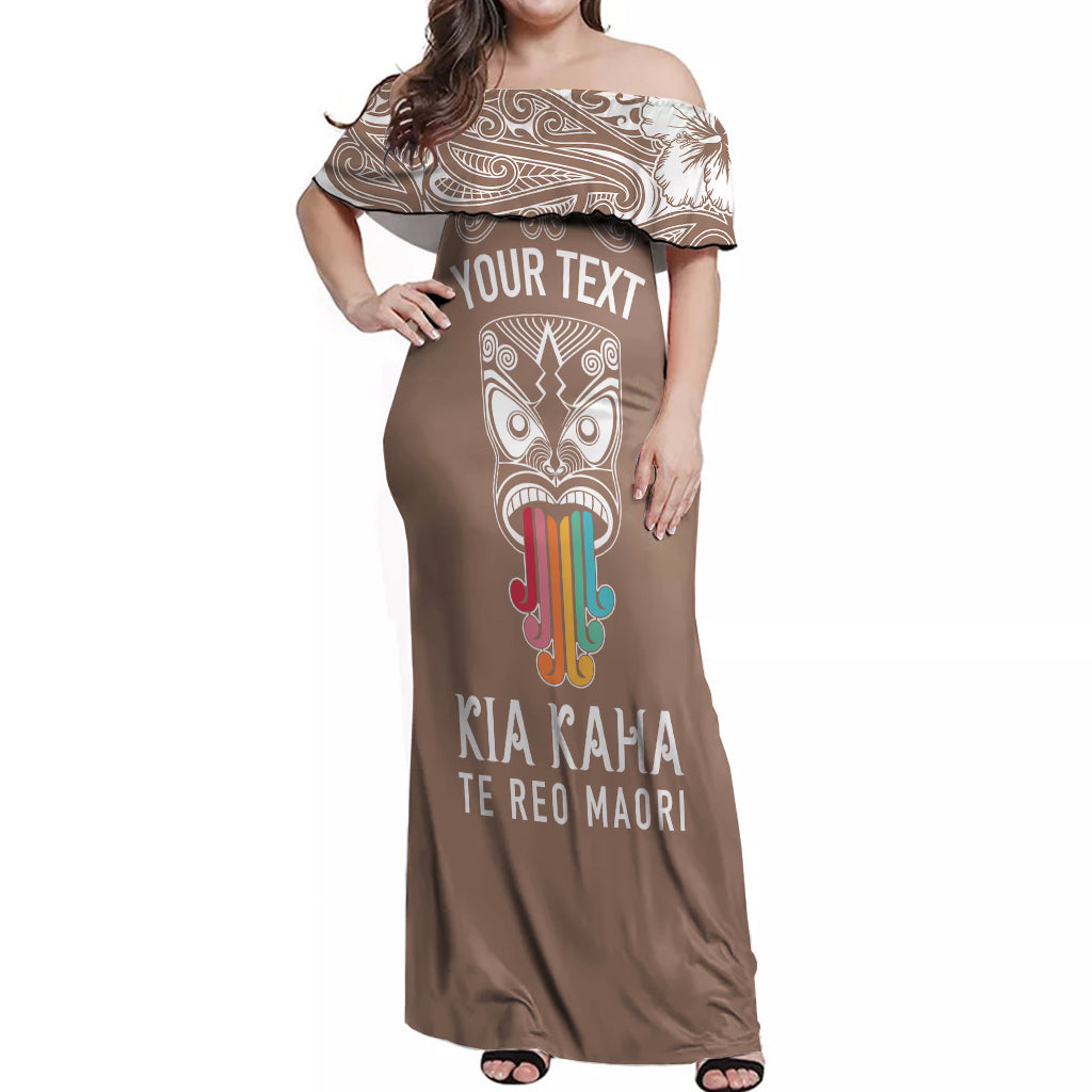 Personalised Kia Kaha Te Reo Maori Off Shoulder Maxi Dress Hei Tiki Mix Koru - Brown LT7 Women Brown - Polynesian Pride