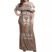 Personalised Kia Kaha Te Reo Maori Off Shoulder Maxi Dress Hei Tiki Mix Koru - Brown LT7 Women Brown - Polynesian Pride
