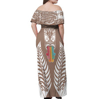 Personalised Kia Kaha Te Reo Maori Off Shoulder Maxi Dress Hei Tiki Mix Koru - Brown LT7 - Polynesian Pride