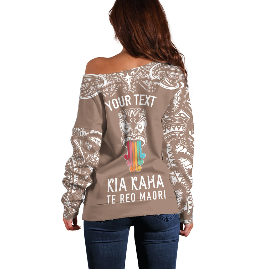 Personalised Kia Kaha Te Reo Maori Off Shoulder Sweater Hei Tiki Mix Koru - Brown LT7 - Polynesian Pride