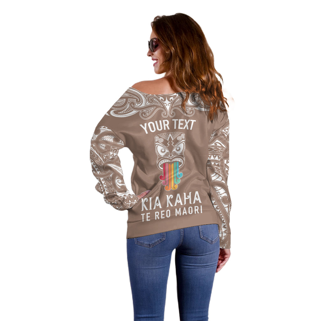 Personalised Kia Kaha Te Reo Maori Off Shoulder Sweater Hei Tiki Mix Koru - Brown LT7 - Polynesian Pride