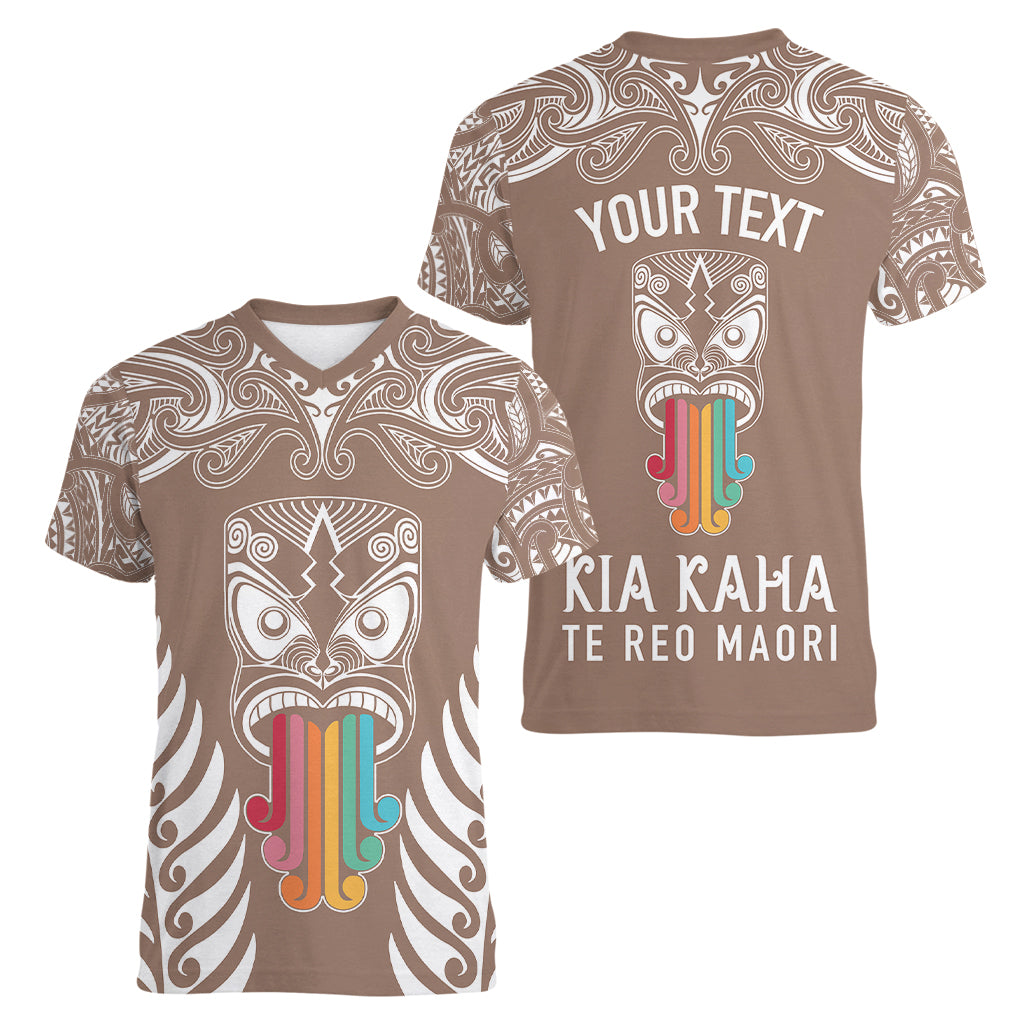 personalised-kia-kaha-te-reo-maori-women-v-neck-t-shirt-hei-tiki-mix-koru-brown
