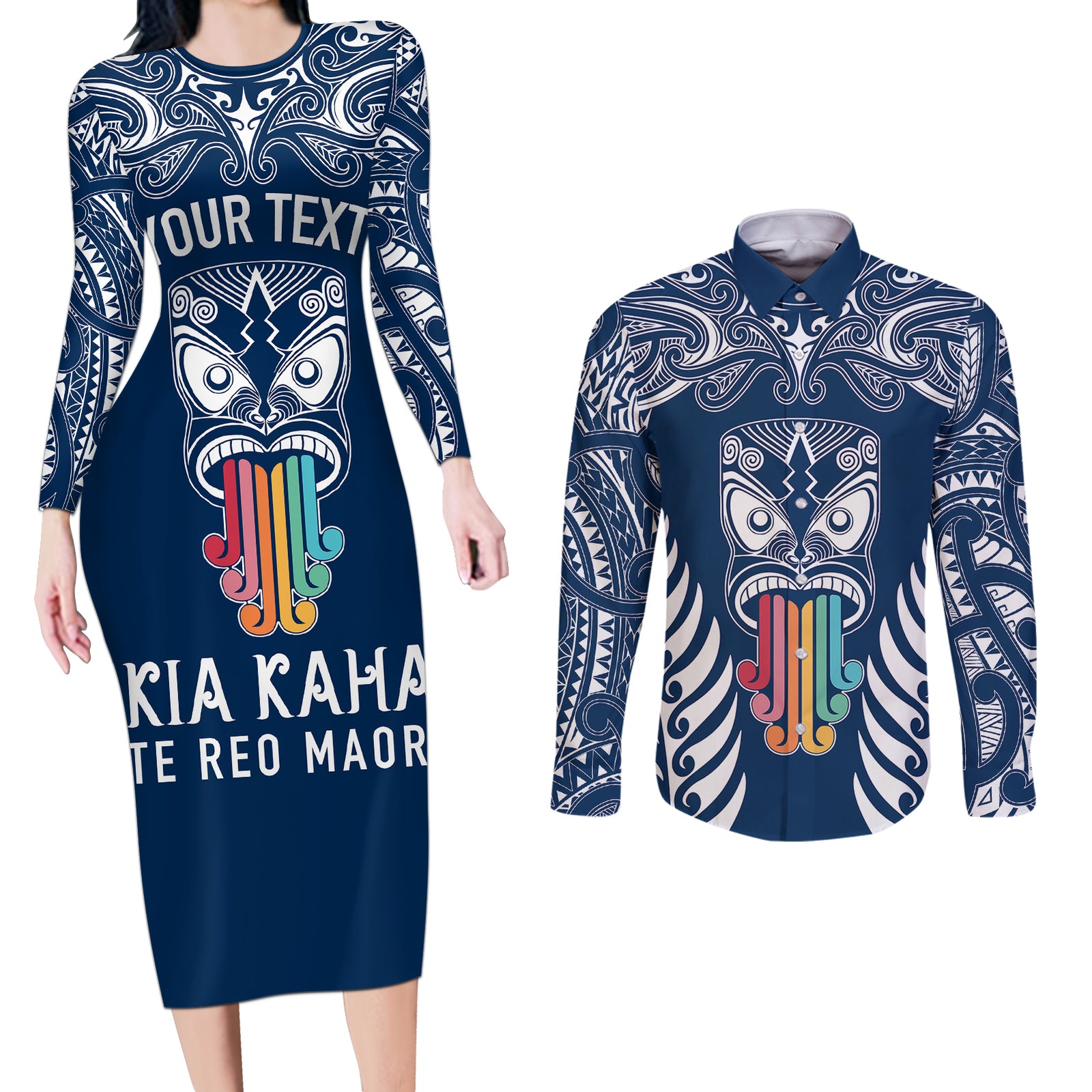 personalised-kia-kaha-te-reo-maori-couples-matching-long-sleeve-bodycon-dress-and-long-sleeve-button-shirts-hei-tiki-mix-koru-navy-blue