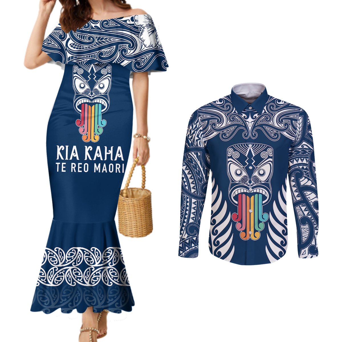 personalised-kia-kaha-te-reo-maori-couples-matching-mermaid-dress-and-long-sleeve-button-shirts-hei-tiki-mix-koru-navy-blue
