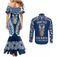 personalised-kia-kaha-te-reo-maori-couples-matching-mermaid-dress-and-long-sleeve-button-shirts-hei-tiki-mix-koru-navy-blue