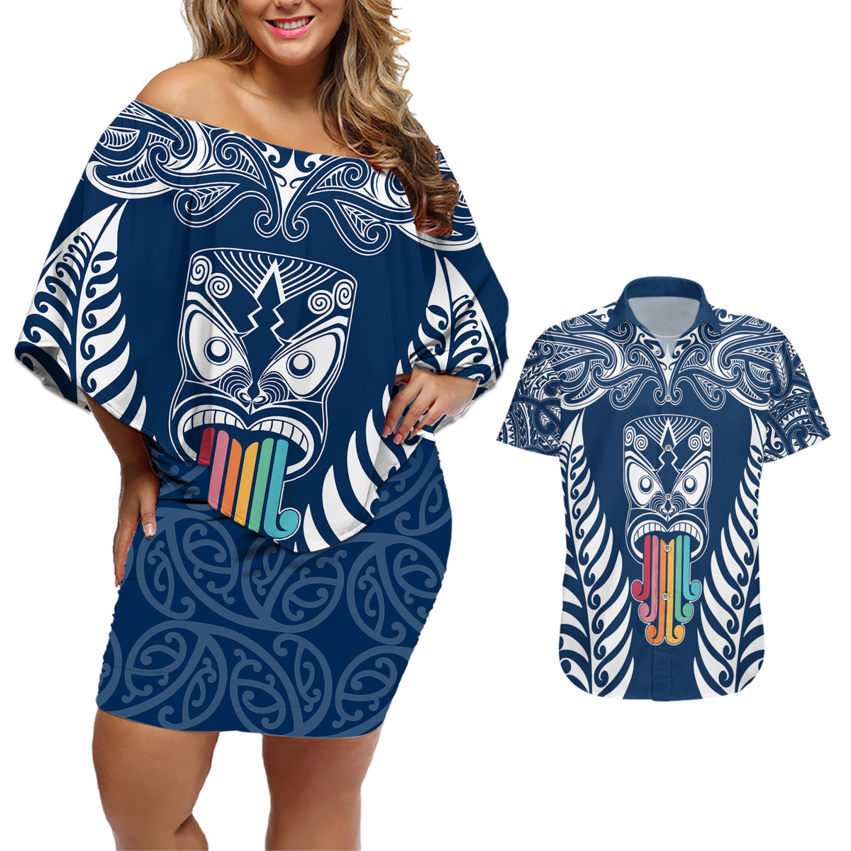 personalised-kia-kaha-te-reo-maori-couples-matching-off-shoulder-short-dress-and-hawaiian-shirt-hei-tiki-mix-koru-navy-blue