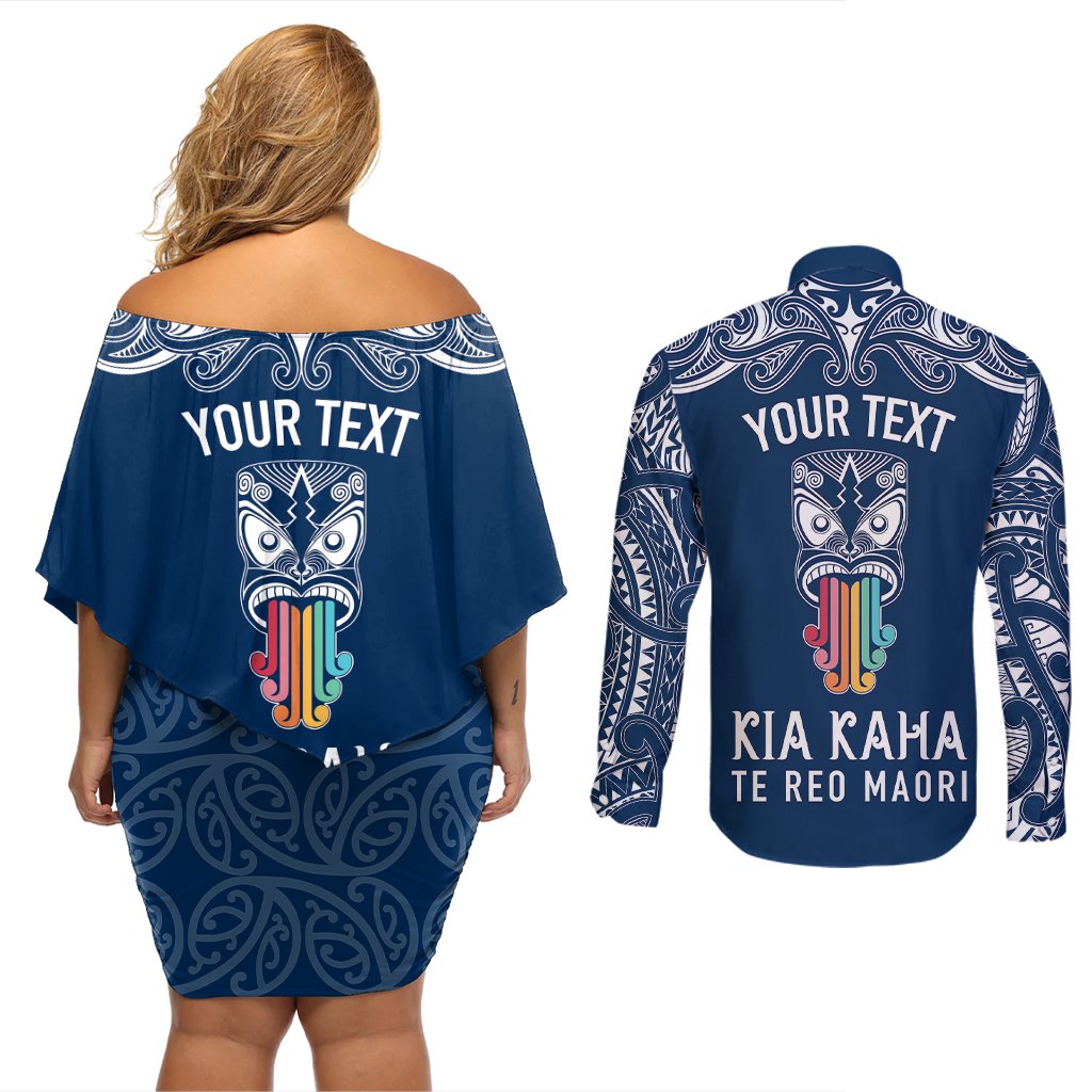 personalised-kia-kaha-te-reo-maori-couples-matching-off-shoulder-short-dress-and-long-sleeve-button-shirts-hei-tiki-mix-koru-navy-blue