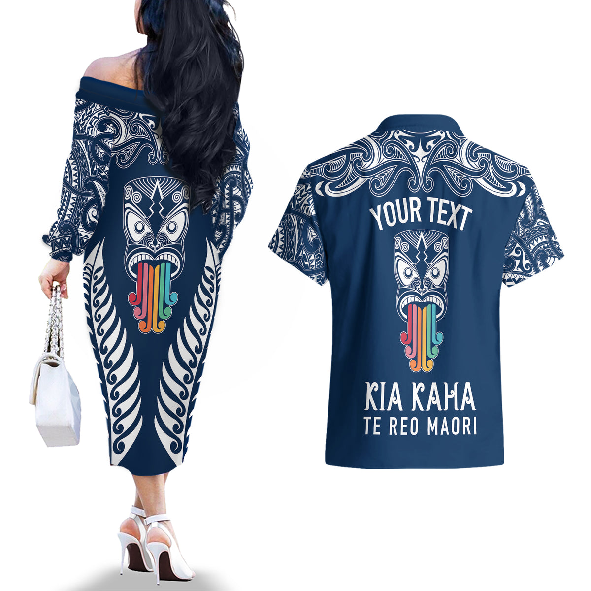 personalised-kia-kaha-te-reo-maori-couples-matching-off-the-shoulder-long-sleeve-dress-and-hawaiian-shirt-hei-tiki-mix-koru-navy-blue