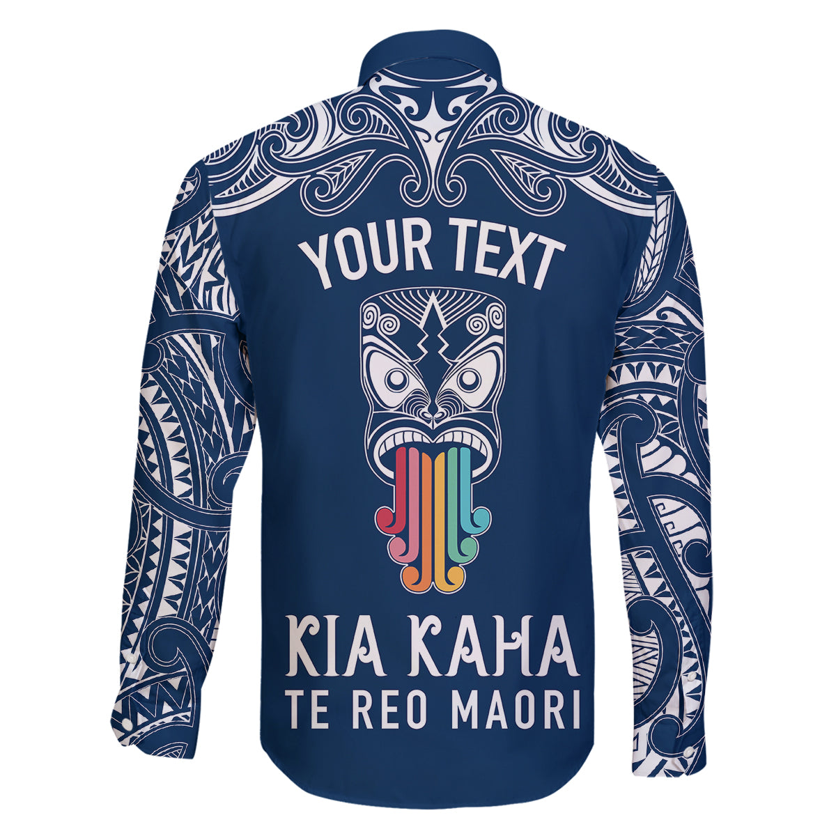 personalised-kia-kaha-te-reo-maori-family-matching-long-sleeve-bodycon-dress-and-hawaiian-shirt-hei-tiki-mix-koru-navy-blue