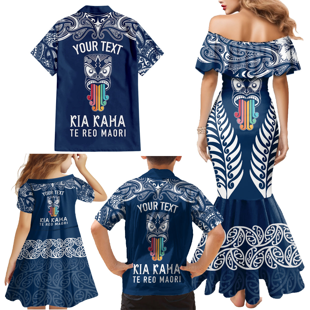 personalised-kia-kaha-te-reo-maori-family-matching-mermaid-dress-and-hawaiian-shirt-hei-tiki-mix-koru-navy-blue