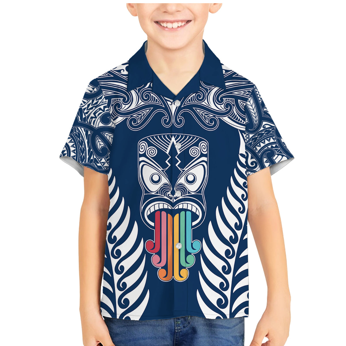 personalised-kia-kaha-te-reo-maori-family-matching-mermaid-dress-and-hawaiian-shirt-hei-tiki-mix-koru-navy-blue