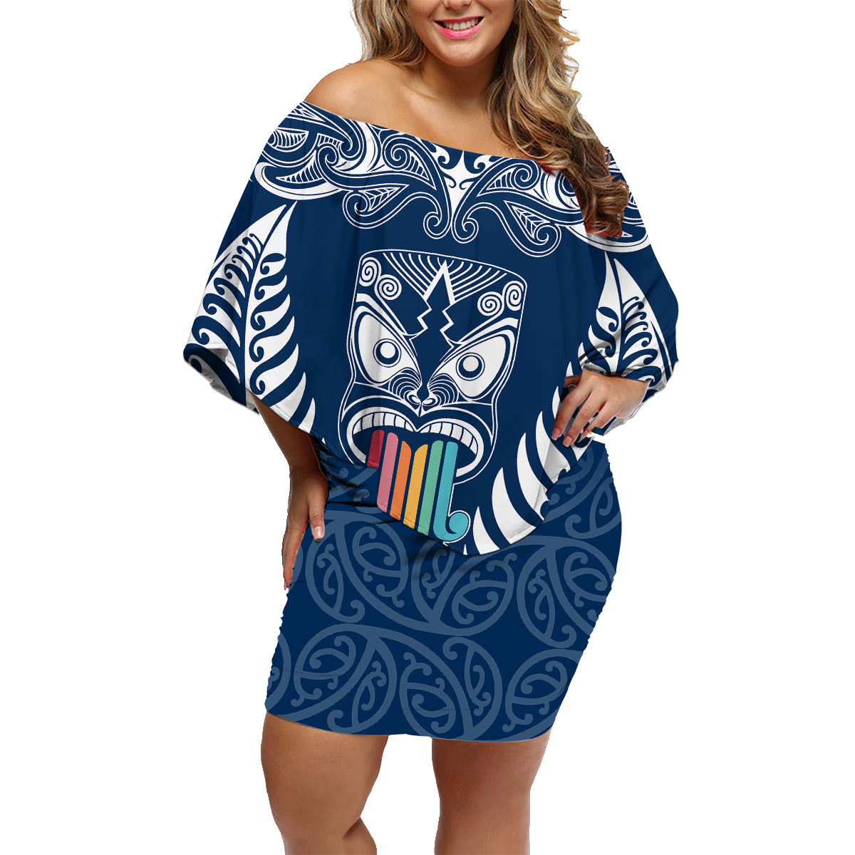 personalised-kia-kaha-te-reo-maori-family-matching-off-shoulder-short-dress-and-hawaiian-shirt-hei-tiki-mix-koru-navy-blue