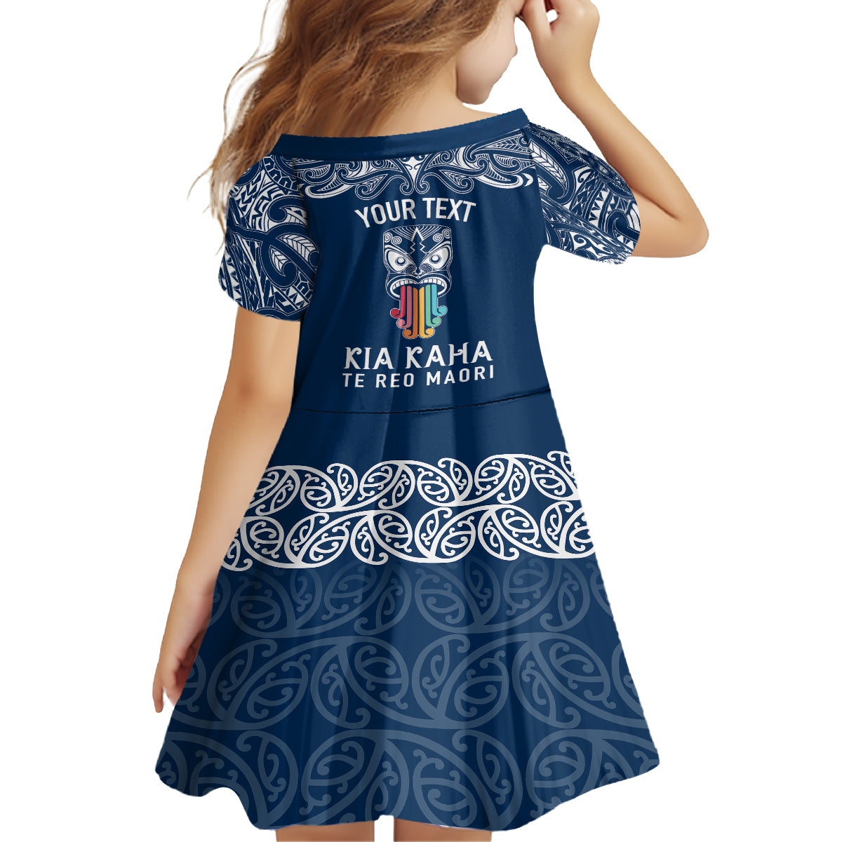 personalised-kia-kaha-te-reo-maori-kid-short-sleeve-dress-hei-tiki-mix-koru-navy-blue