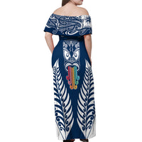 Personalised Kia Kaha Te Reo Maori Off Shoulder Maxi Dress Hei Tiki Mix Koru - Navy Blue LT7 - Polynesian Pride