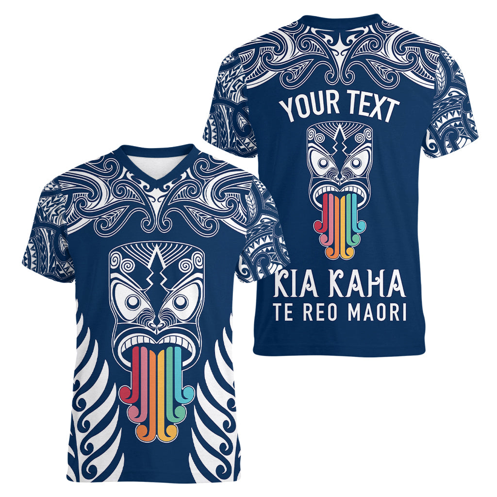 personalised-kia-kaha-te-reo-maori-women-v-neck-t-shirt-hei-tiki-mix-koru-navy-blue
