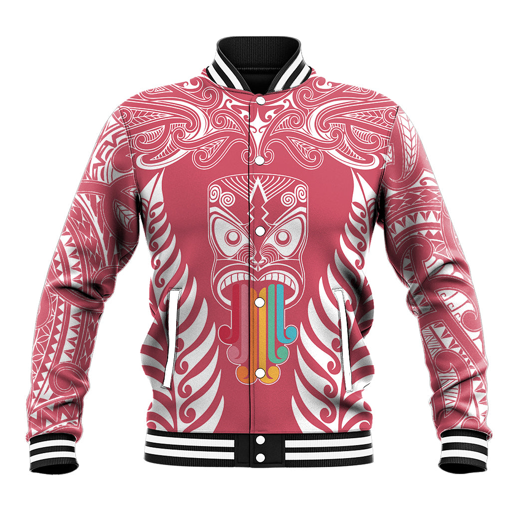 Personalised Kia Kaha Te Reo Maori Baseball Jacket Hei Tiki Mix Koru - Pink LT7 Unisex Pink - Polynesian Pride