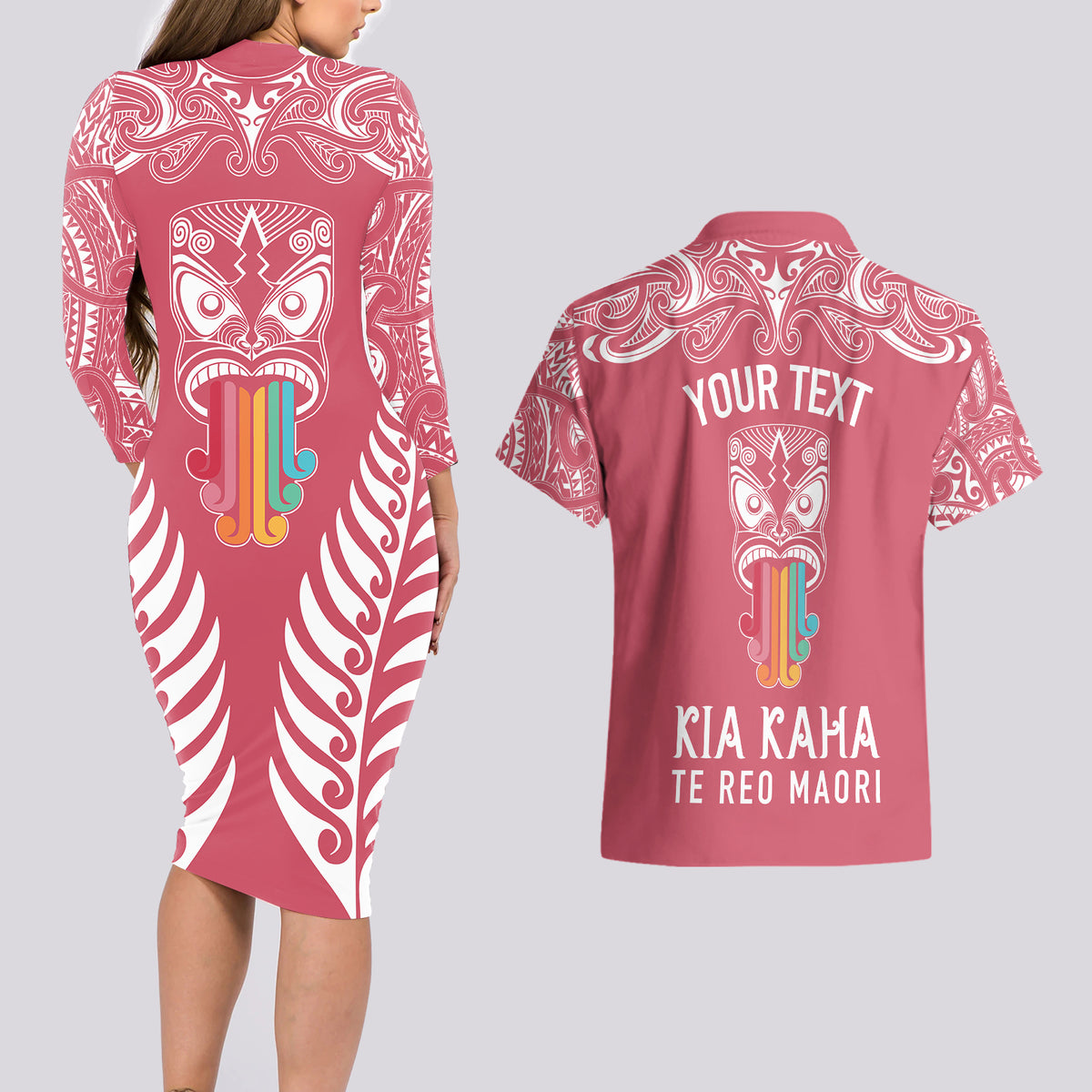 personalised-kia-kaha-te-reo-maori-couples-matching-long-sleeve-bodycon-dress-and-hawaiian-shirt-hei-tiki-mix-koru-pink