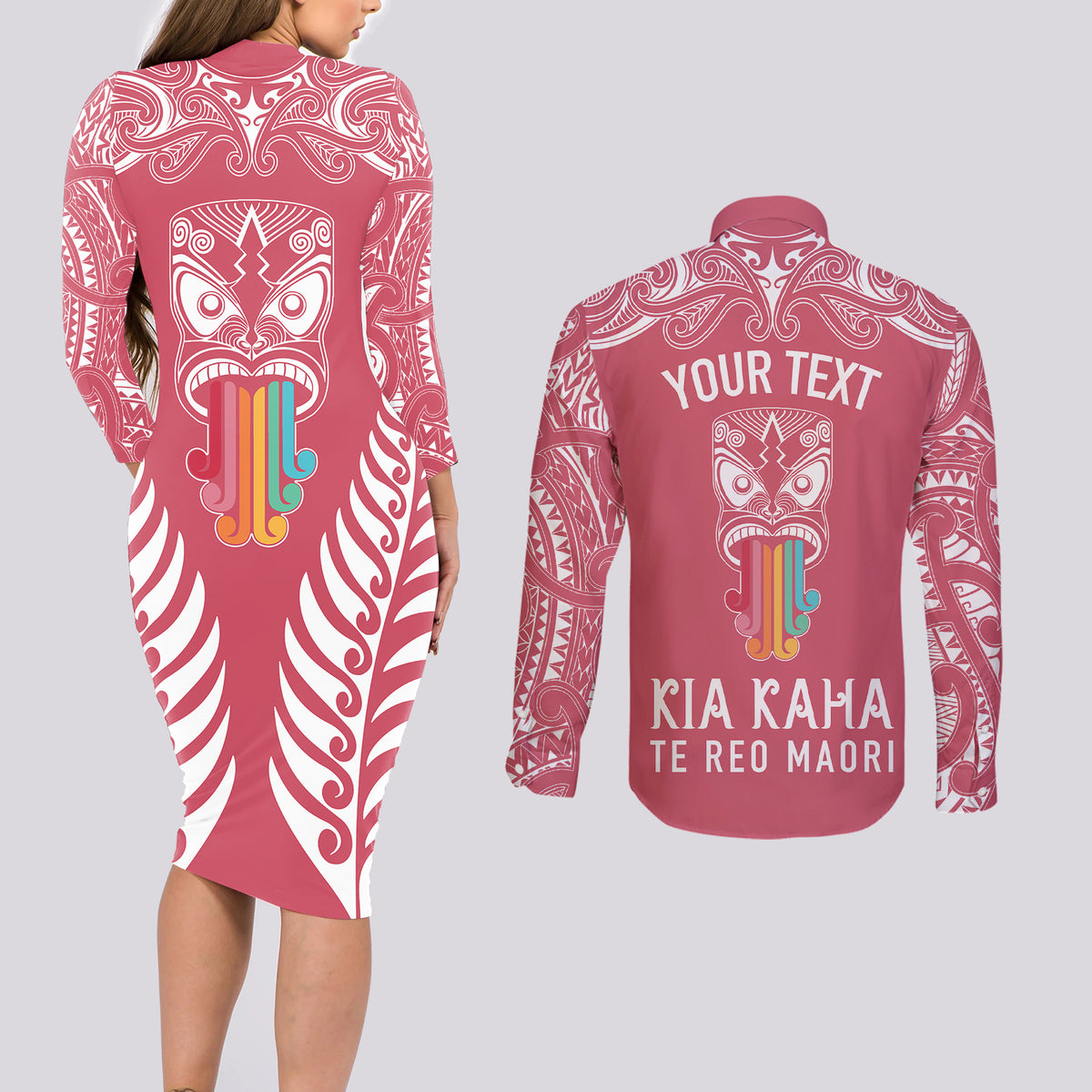 personalised-kia-kaha-te-reo-maori-couples-matching-long-sleeve-bodycon-dress-and-long-sleeve-button-shirts-hei-tiki-mix-koru-pink
