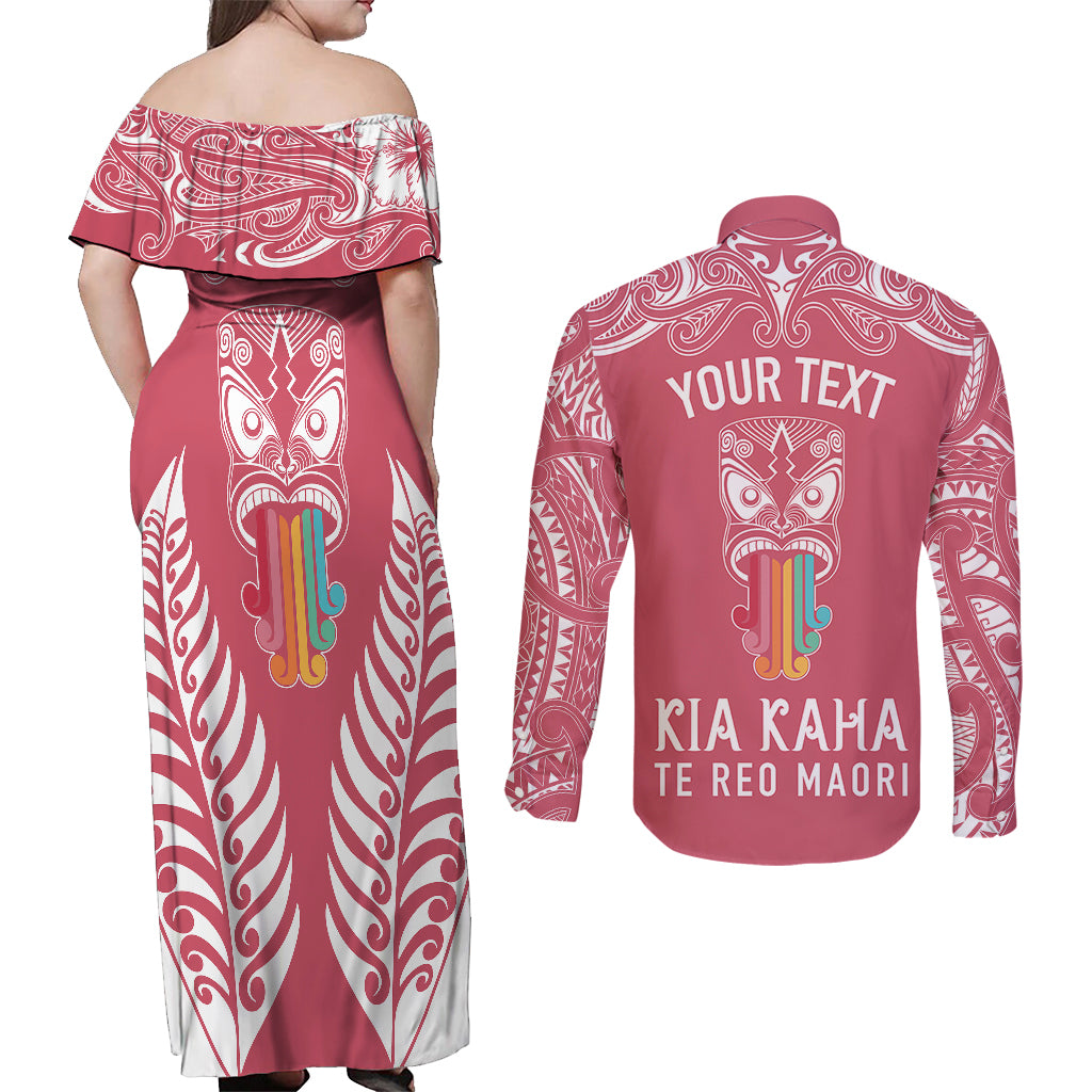 personalised-kia-kaha-te-reo-maori-couples-matching-off-shoulder-maxi-dress-and-long-sleeve-button-shirts-hei-tiki-mix-koru-pink