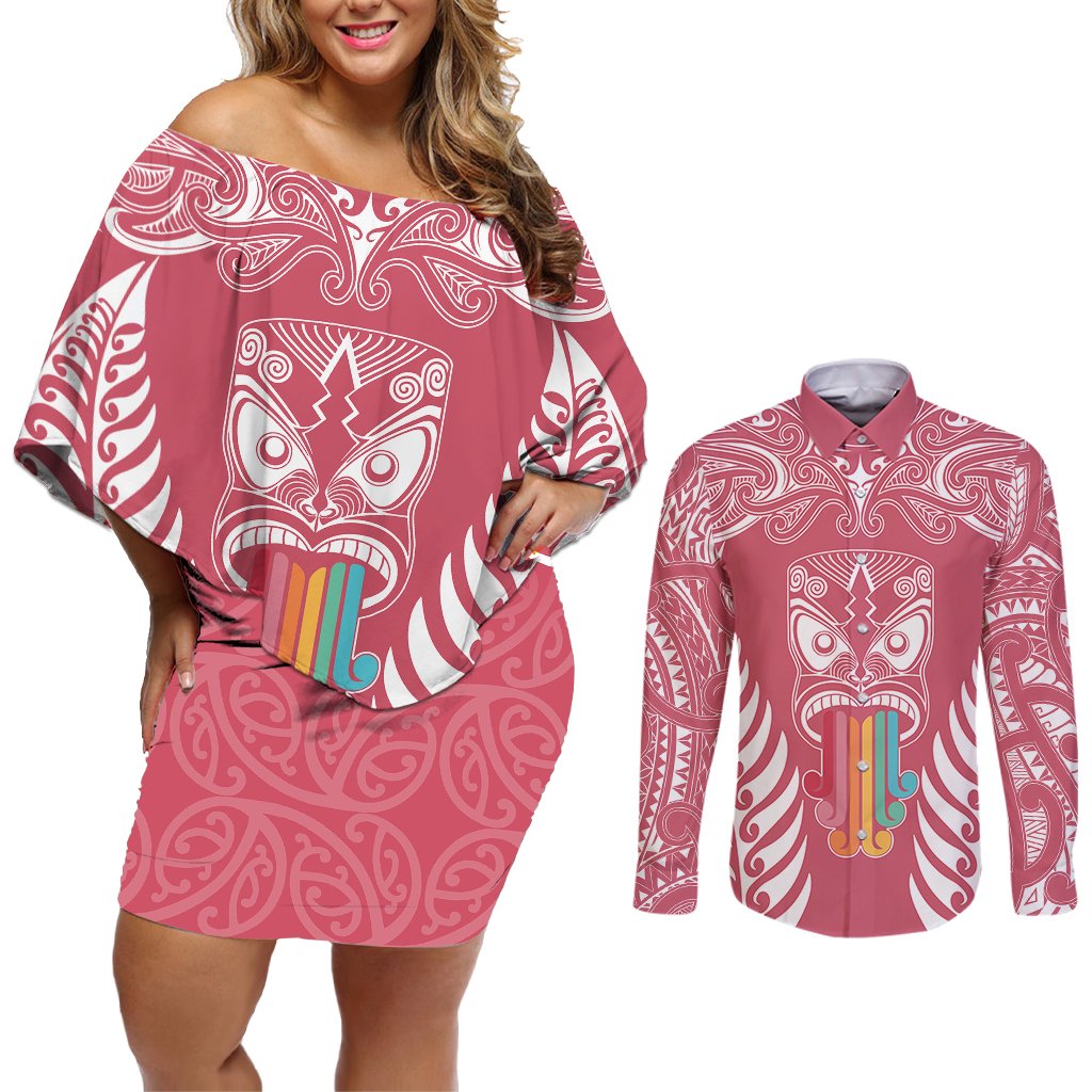 personalised-kia-kaha-te-reo-maori-couples-matching-off-shoulder-short-dress-and-long-sleeve-button-shirts-hei-tiki-mix-koru-pink
