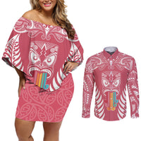 personalised-kia-kaha-te-reo-maori-couples-matching-off-shoulder-short-dress-and-long-sleeve-button-shirts-hei-tiki-mix-koru-pink