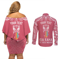 personalised-kia-kaha-te-reo-maori-couples-matching-off-shoulder-short-dress-and-long-sleeve-button-shirts-hei-tiki-mix-koru-pink