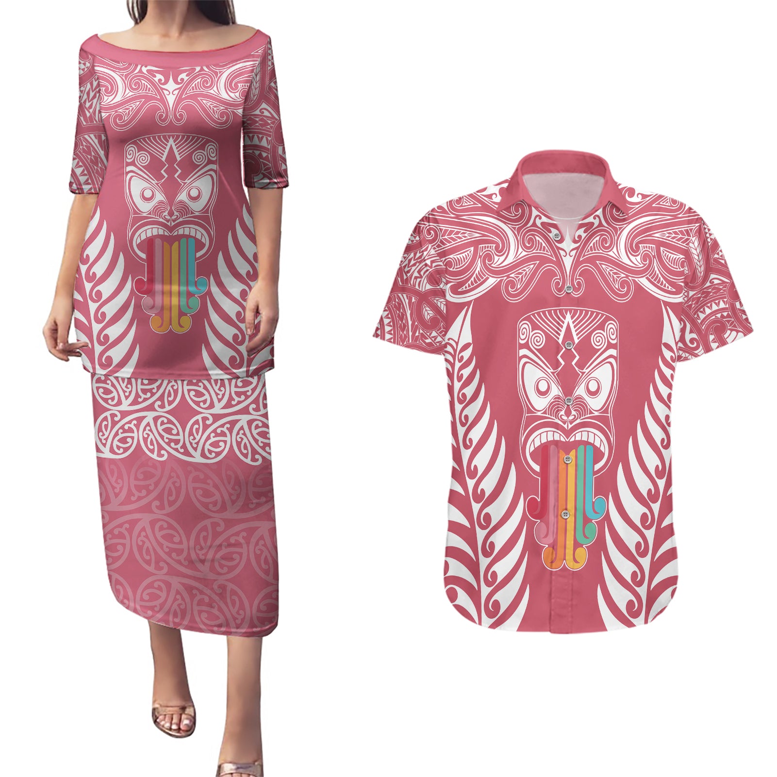personalised-kia-kaha-te-reo-maori-couples-matching-puletasi-dress-and-hawaiian-shirt-hei-tiki-mix-koru-pink